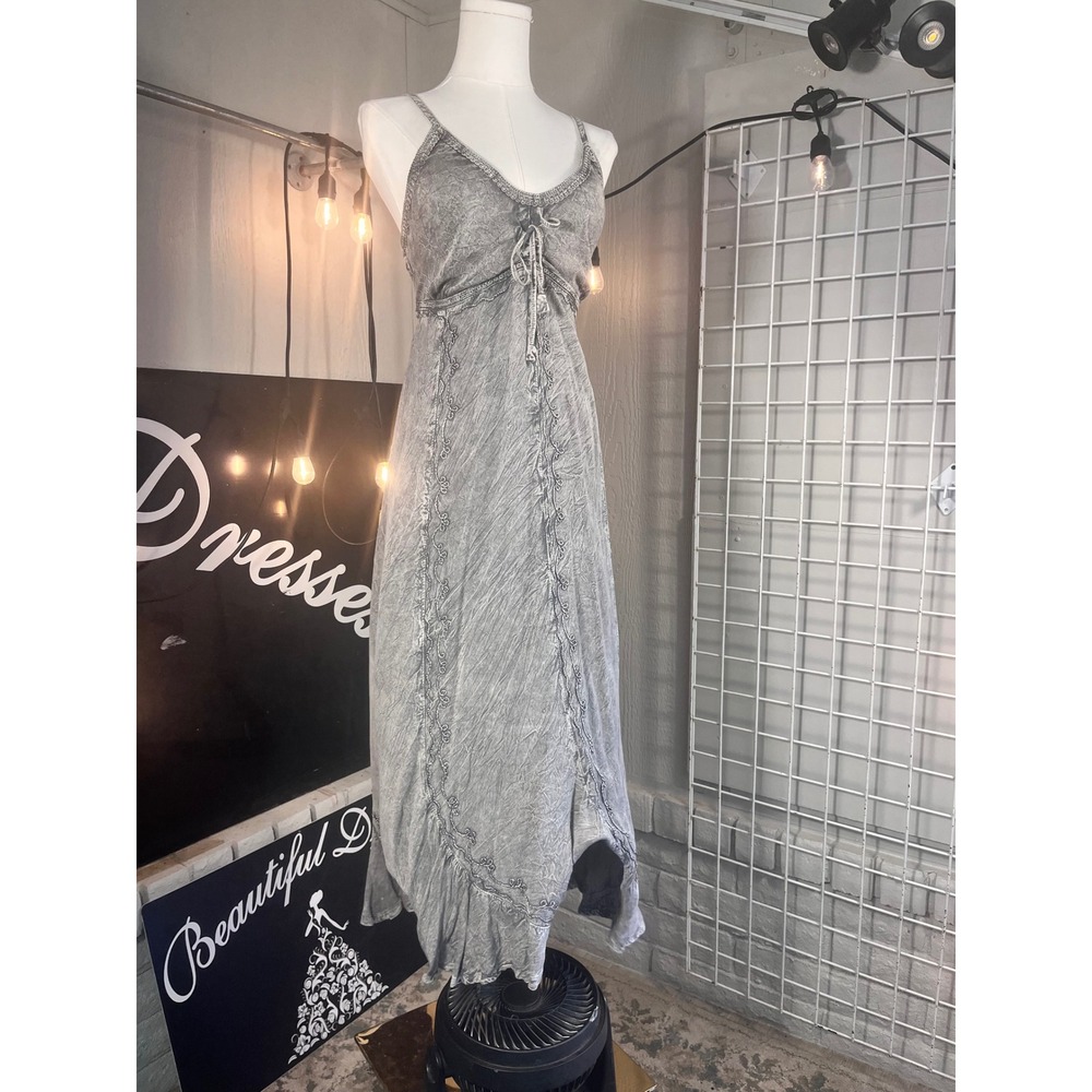 Womens Grey Ren Fest Maxi Dress Tribal Embroidered Spaghetti Strap Boho Size XL